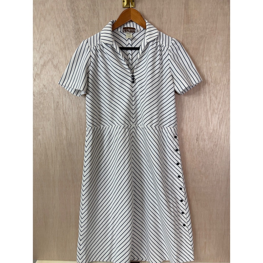 LF Petite Womens Striped Shirt Dress Large Blue White Short Sleeve V-Neck A-Line